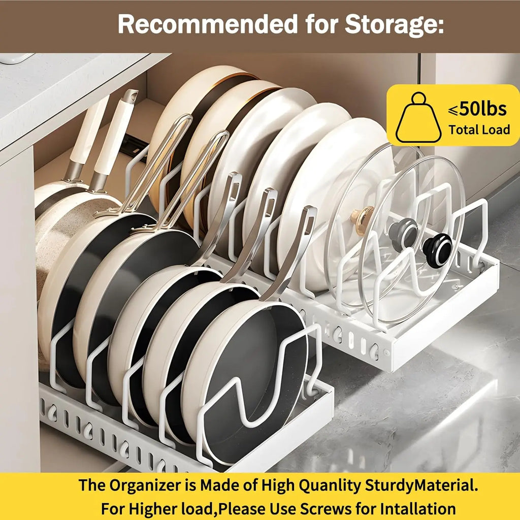 Pull-Out Under-Cabinet Pots & Pans Organizer | Adjustable Dividers