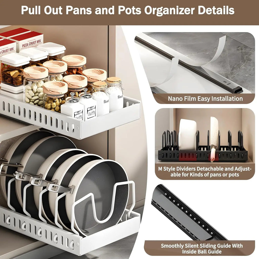 Pull-Out Under-Cabinet Pots & Pans Organizer | Adjustable Dividers
