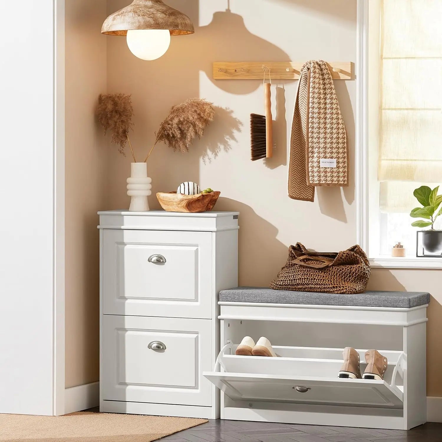 White Entryway Shoe Bench with Flip Storage & Cushion Seat