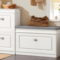 White Entryway Shoe Bench with Flip Storage & Cushion Seat