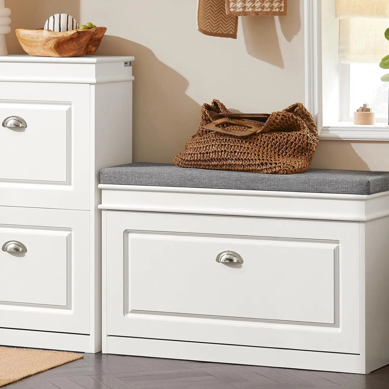 White Entryway Shoe Bench with Flip Storage & Cushion Seat