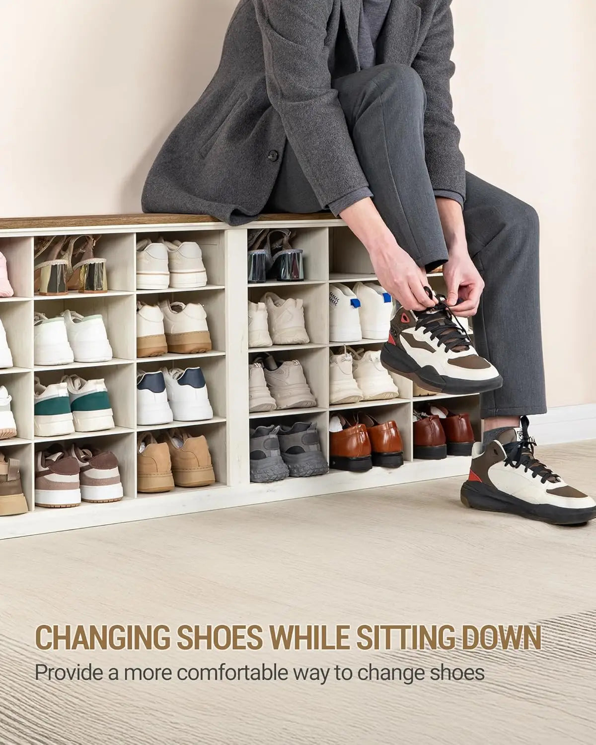 Farmhouse Entryway Shoe Storage Bench with Cubbies | Antique White