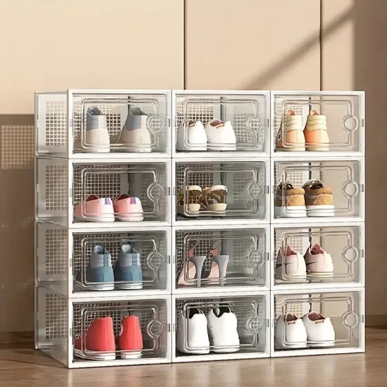 Clear Stackable Shoe Storage Boxes | Foldable Closet Organizer 6/12 Pack