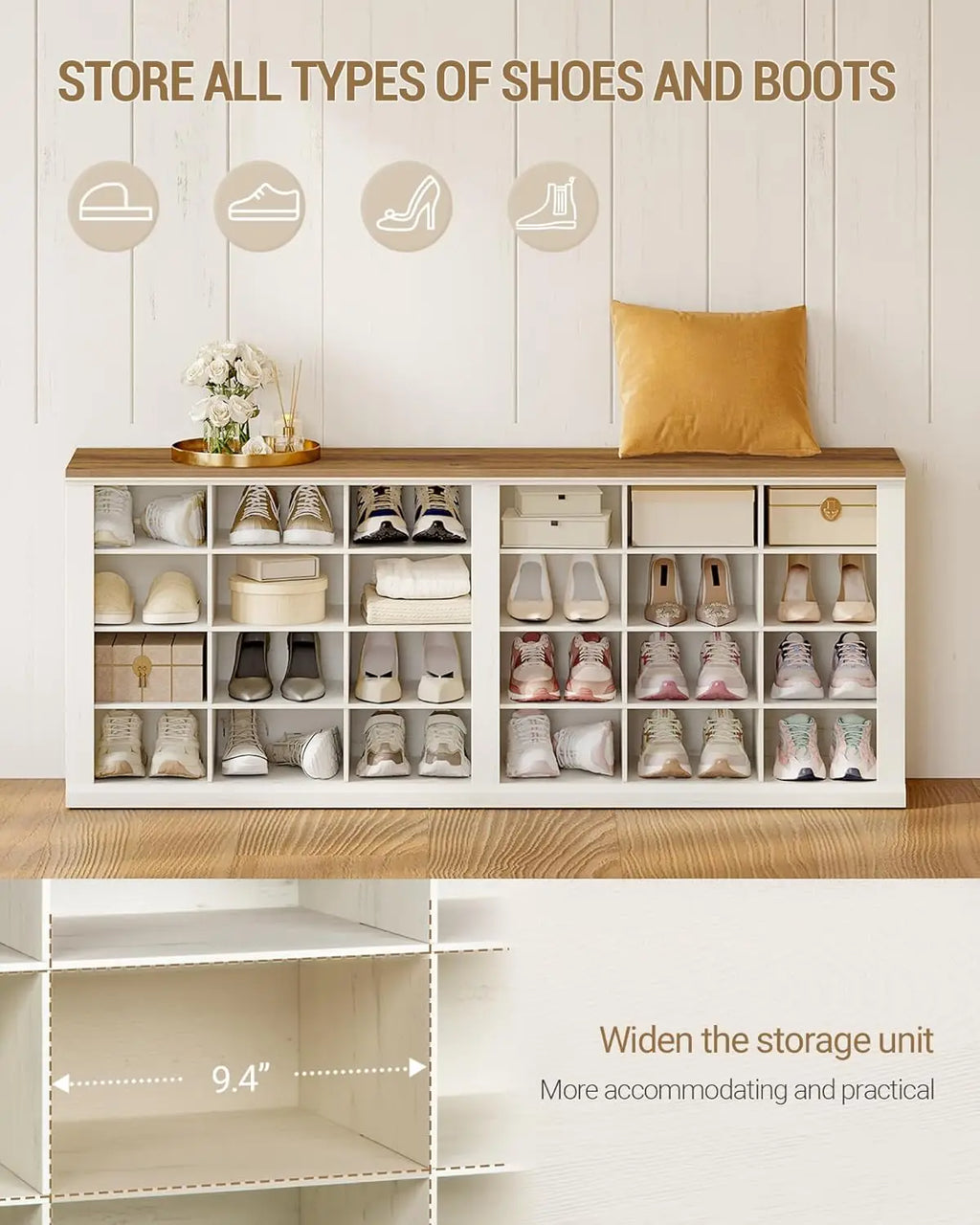 Farmhouse Entryway Shoe Storage Bench with Cubbies | Antique White