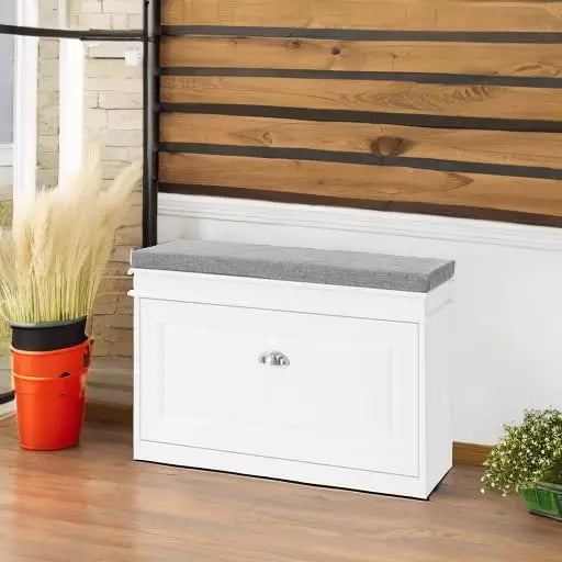 White Entryway Shoe Bench with Flip Storage & Cushion Seat