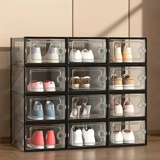 Clear Stackable Shoe Storage Boxes | Foldable Closet Organizer 6/12 Pack