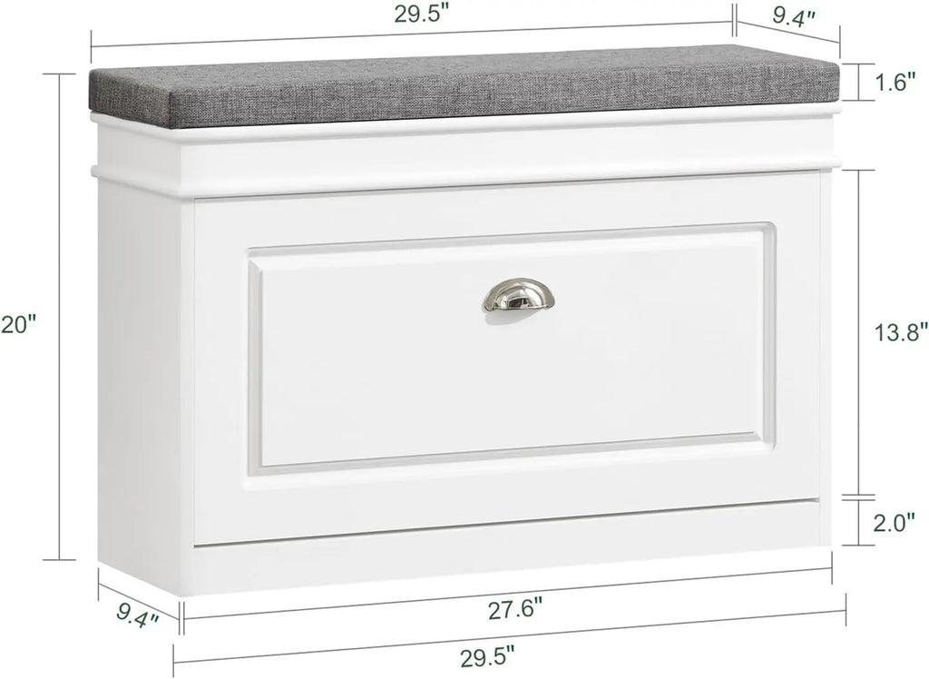 White Entryway Shoe Bench with Flip Storage & Cushion Seat