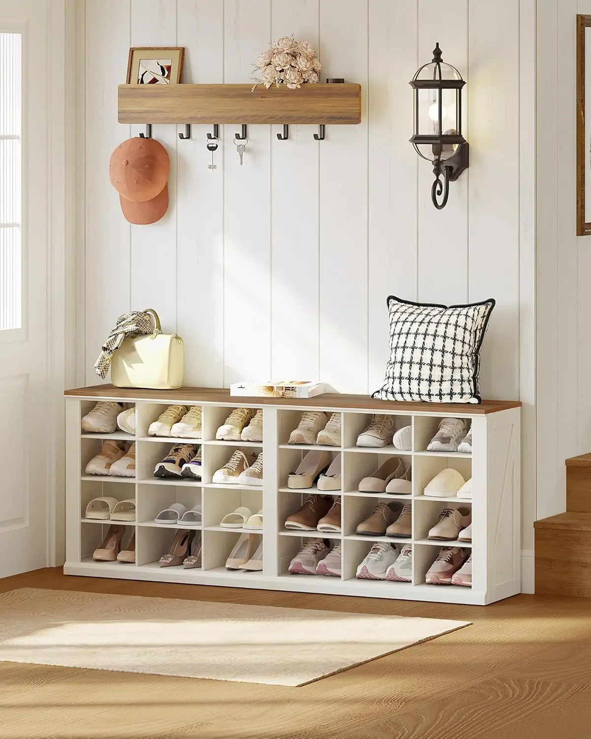 Farmhouse Entryway Shoe Storage Bench with Cubbies | Antique White
