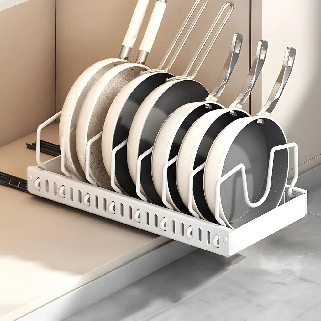 Pull-Out Under-Cabinet Pots & Pans Organizer | Adjustable Dividers