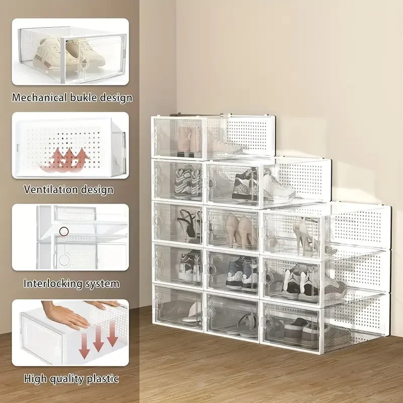 Clear Stackable Shoe Storage Boxes | Foldable Closet Organizer 6/12 Pack