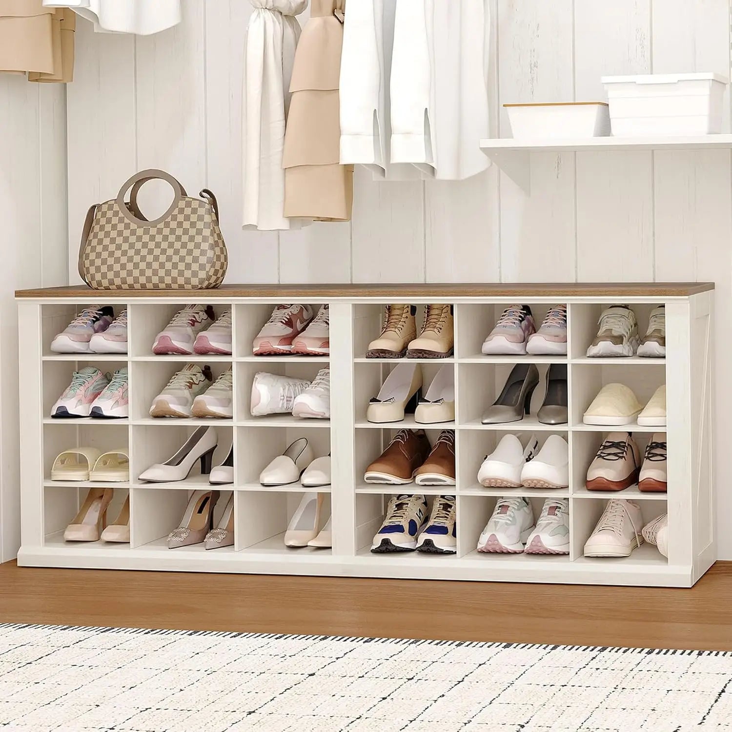 Farmhouse Entryway Shoe Storage Bench with Cubbies | Antique White