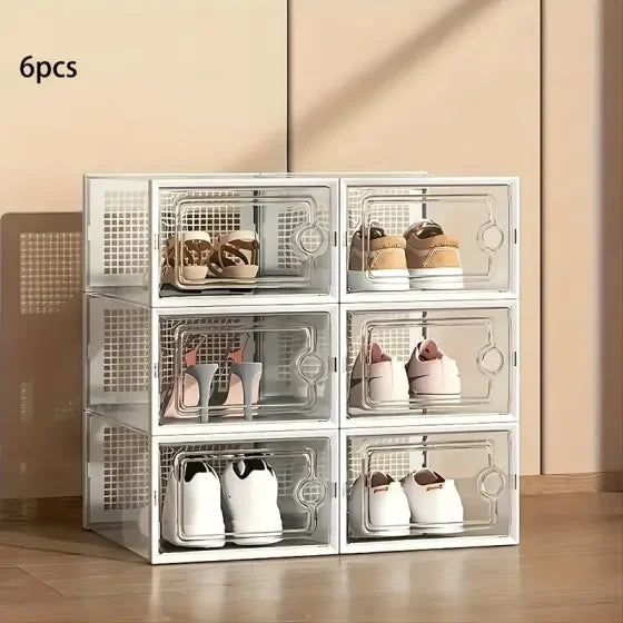Clear Stackable Shoe Storage Boxes | Foldable Closet Organizer 6/12 Pack