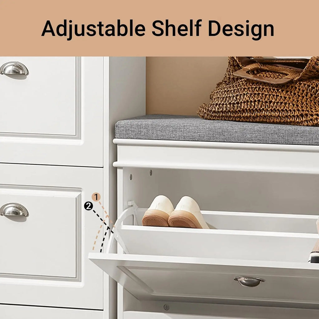 White Entryway Shoe Bench with Flip Storage & Cushion Seat