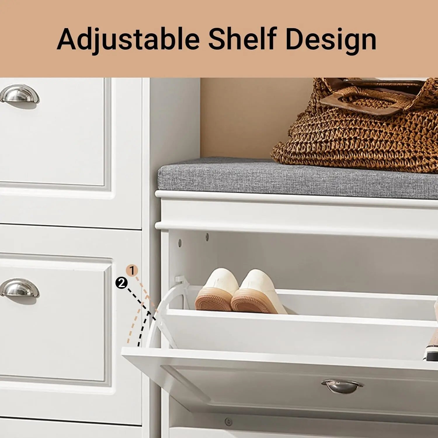 White Entryway Shoe Bench with Flip Storage & Cushion Seat