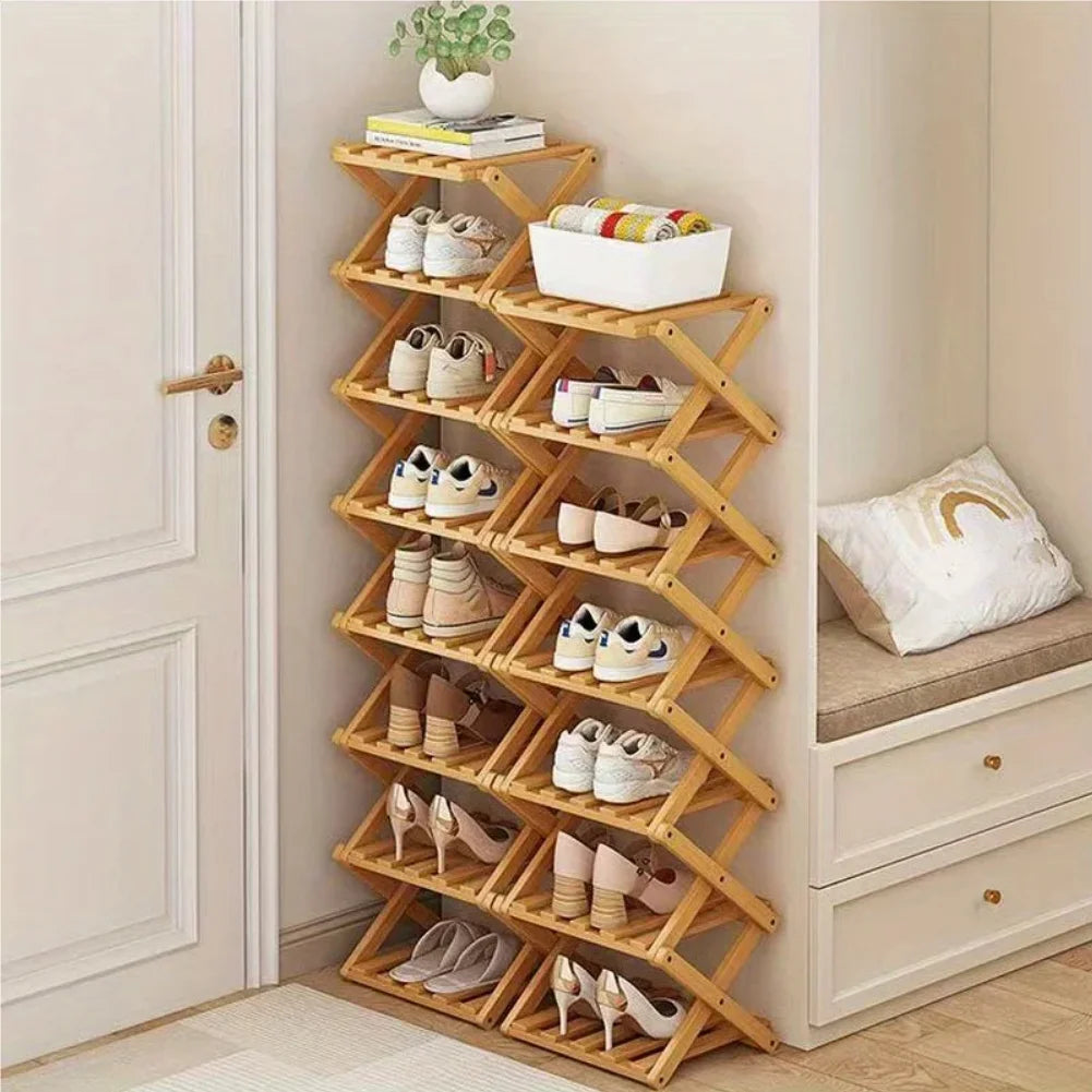 Foldable Bamboo Shoe Rack | Slim Space-Saving Entryway Shelf